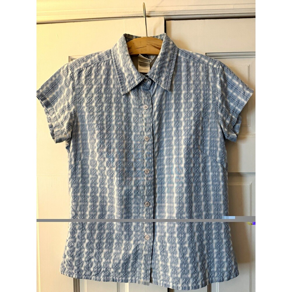 The North Face Womens M Shirt Short Sleeve Blue Plaid Check Seersucker ABD5